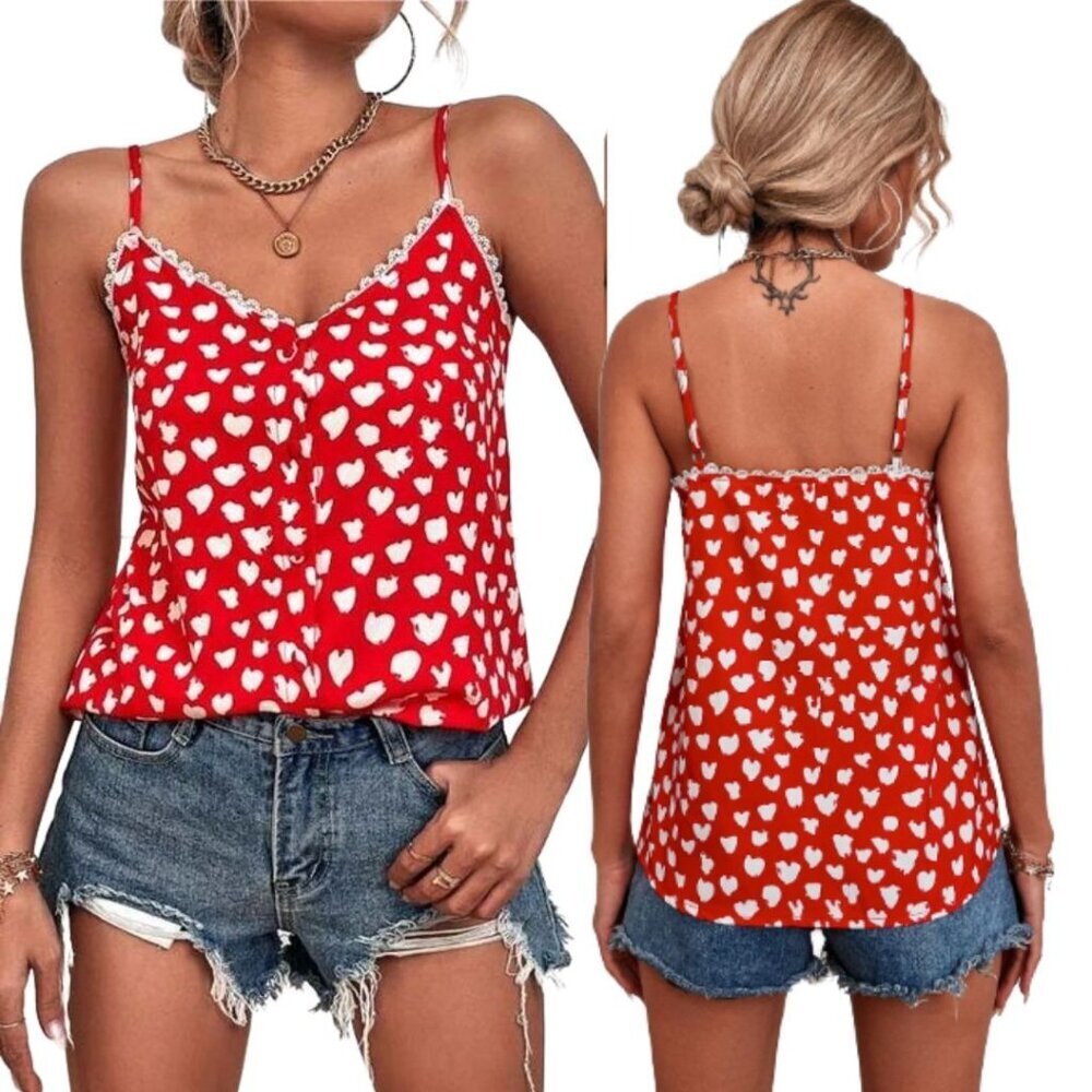Red Heart Print Lace Trim Cami Tank Top‎ Button Front Spaghetti Strap